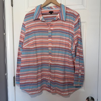 Talbots Woman 3X Striped 100% Cotton Button Down Shirt Coral Blue White Long Slv