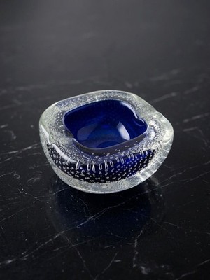 Vintage Murano Stil Glas Aschenbecher Schale   Blau mit Lufteinschlüssen