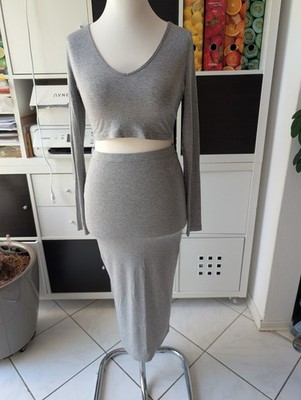 Zweiteiler aus Crop Top und langer Rock Bodycon, Größe S, grau