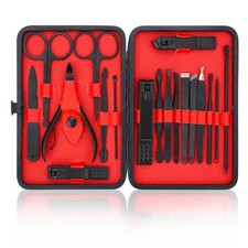 Manicure Set-Stainless Steel Nail Care 18 Piece Set, Black Red