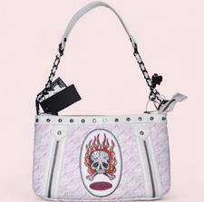 Ed Hardy White  Pink Logo Skull Rhinestone Shoulder Bag Zip Closure Small