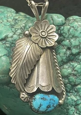 Annie Chapo Navajo Sterling Silver Turquoise Pendant 13.9g 24” Necklace Feather