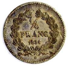 FRANCE KING LOUIS PHILIPPE I SILVER 1836A ¼ FRANC VF (KM-740.1)