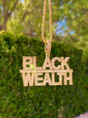 Gold Black Wealth Power Iced Pendant Charm Men's Women's Icy 14k Gold Rope Chain