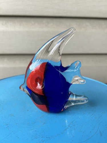 Tropical Angelfish Blue Murano Style Art Glass Figurine Paperweight 4.5" Ocean