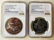 PAKISTAN  100 & 150 Rupees 1976 Silver NGC MS65 Conservation Pheasant Crocodile