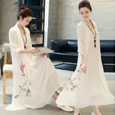 Women Ethnic Midi Dress Half Sleeve Flower Print Fake Two-piece Dress Elegant