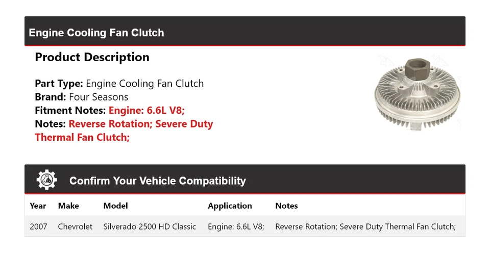 Embrague ventilador refrigeración motor clásico 4 estaciones Chevrolet Silverado 2500 HD 2007 Foto 2 de 4
