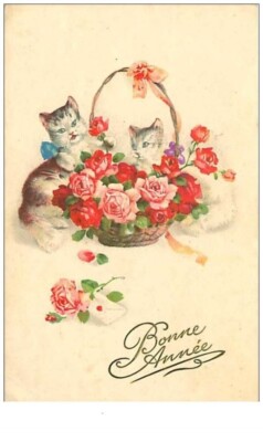 Katzen Nr. 42. Frohes Neues Jahr. Kätzchen Rund Um Einen Korb