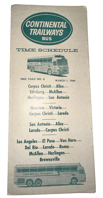 Vintage Continental Trailways Bus Time Schedule 3/1/1966 N0.6 Corpus Christi