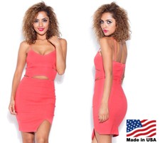 Women's Pink Coral Colored Bodycon Mini Dress with Cutouts Clubwear Party S M L