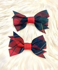VINTAGE TARTAN RED PLAID HAIR BOW FRENCH BARRETTE SET