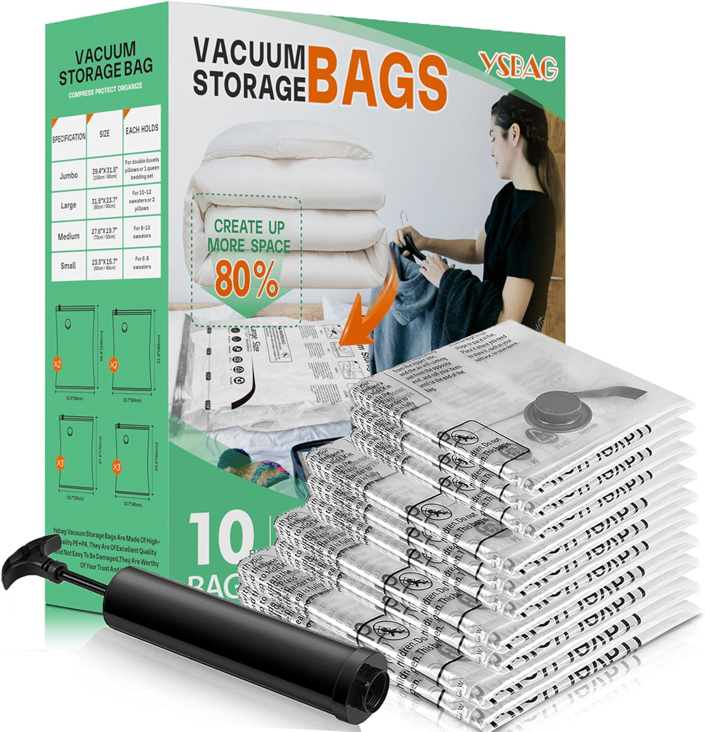 10 Pack Vacuum Storage Bags,Space Saver Bags with Hand Pump,Vacuum Sealer Bags