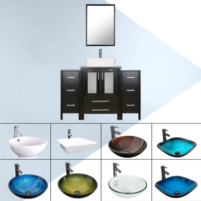 48'' Bathroom Vanity Set Vessel Sink Cabinet Drawer Faucet Black Combo No Mirror