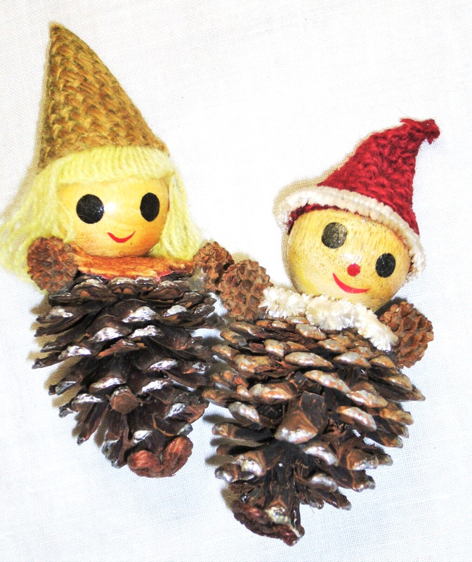 2 Vintage PINE CONE Pixie ELF Gnome CHRISTMAS Tree ORNAMENTS Figurines MCM Elves