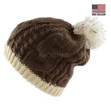 Crochet Knit Border Slouchy Pom pom Beanie Warm Winter Ski Daily Hat Women Men