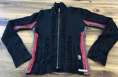 Firetrap Y2K 100% Wool Zip Full Zip Sweater Womens M Distressed Knit Grunge Goth