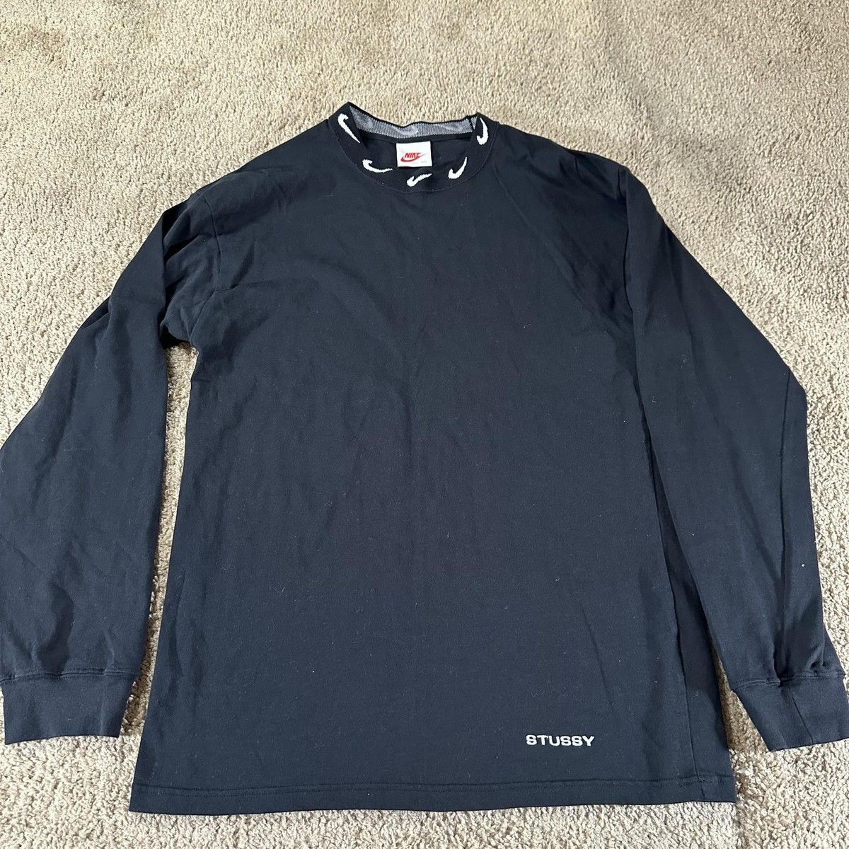 Nike Stussy Shirt Mens XS Black Long Sleeve Swoosh Crewneck CT4314