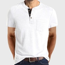 Image of Mens Henley Grandad T Shirt Buttons Neck Plain Short Sleeve Casual Tops Blouse