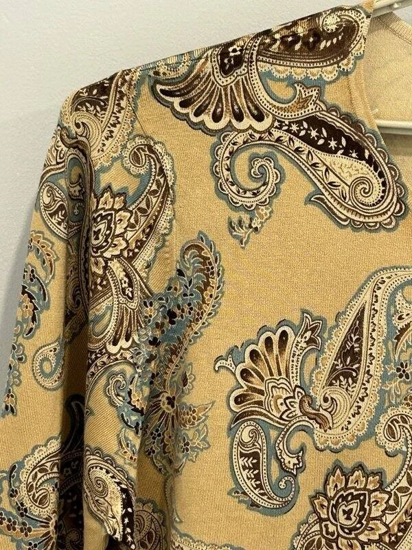 Talbots Woman Silk Blend Tan Brown Blue Paisley Long Sleeve Knit Sweater Size 3X - Image 4 of 4