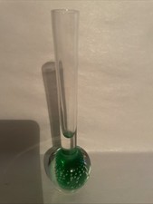 Vintage Green/Clear Glass Bud Vase With Controlled Bubble Base And A Narrow Neck