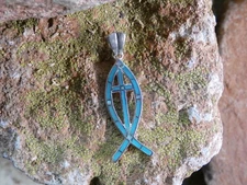 Christian Fish Symbol Cross Sterling Silver Turquoise Gemstone Opal Pendant AB69