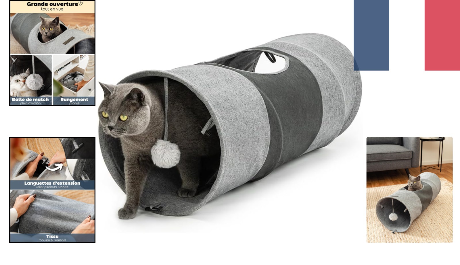 Tunnel pour chat pliable 30x70 cm avec balle suspendue en tissu beige