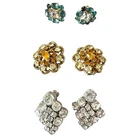 Three Pairs Of Vintage Clip On Earrings Amber Blue Rhinestones Costume Jewelry
