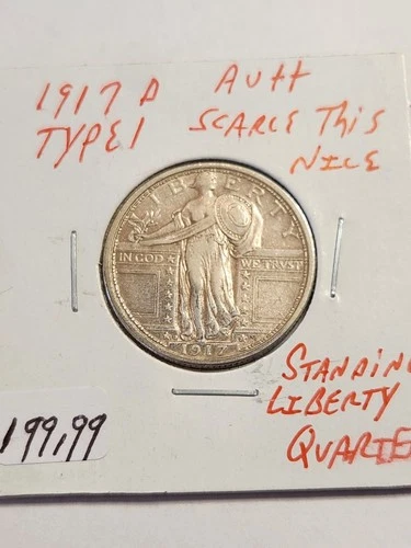 1917 D AU+++ TYPE 1 SCARCE THIS NICE STANDING LIBERTY QUARTER RARE