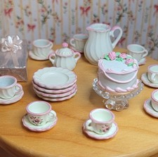 Vintage Metal Miniature Tea Set Lot 26pc Pink White Dollhouse Birthday Cake