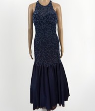 Camille La Vie navy beaded halter neck formal gown prom dress Fishtail Sz 2