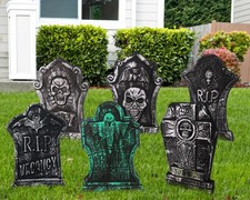 6 Pack Halloween Decorations Foam Tombstone - Graveyard with 12 Plastic Stakes