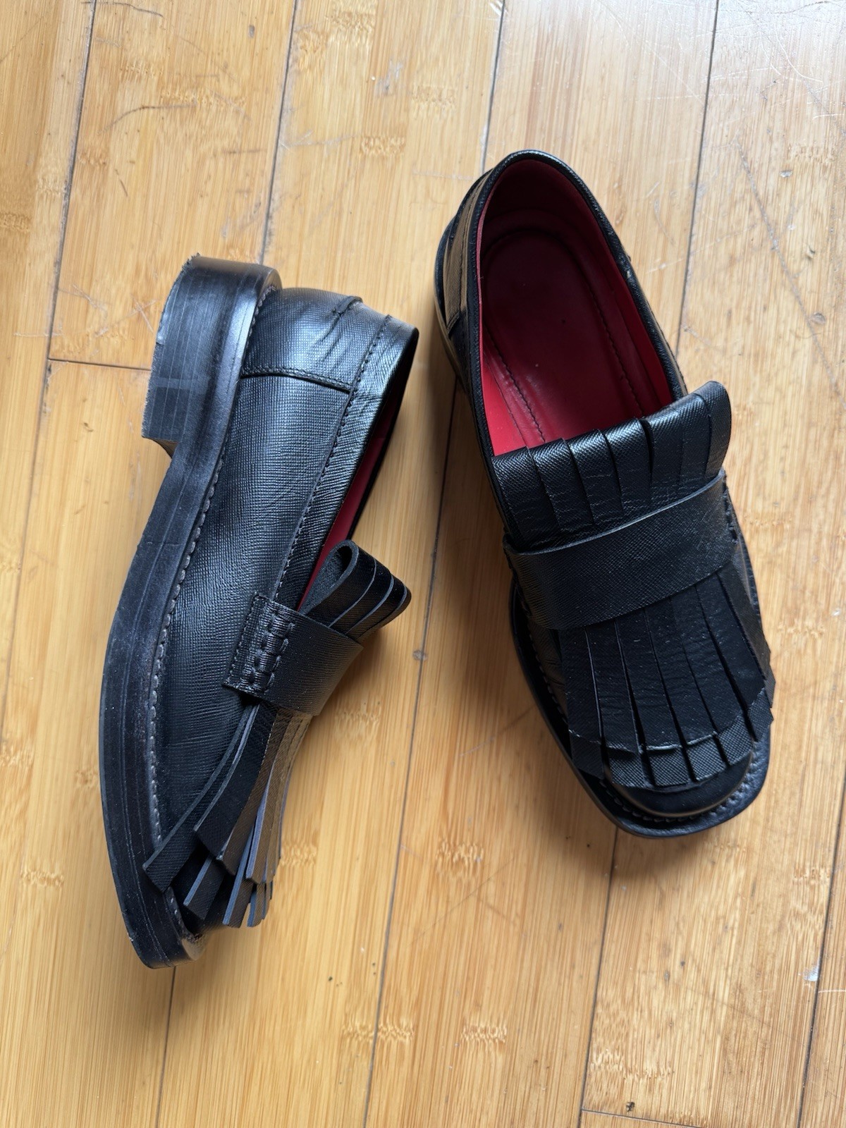 Marni Kiltie Fringe Black Leather Loafers Size 39