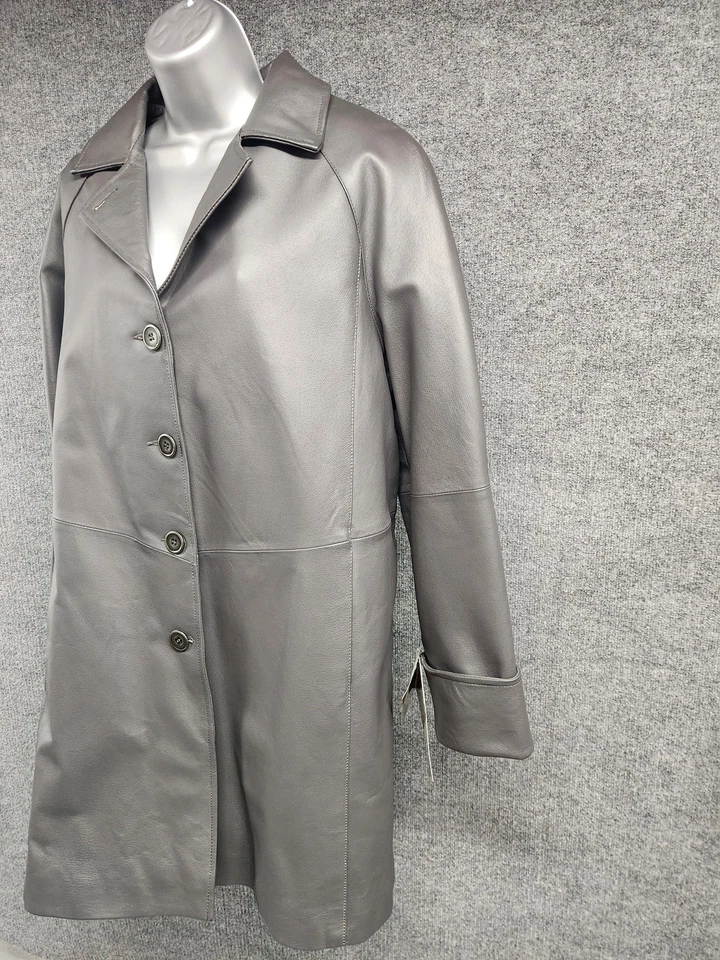 Excelled Collection Leather Coat Womens XL Gray Long Button Front Classic 1570RL - Image 2 of 4