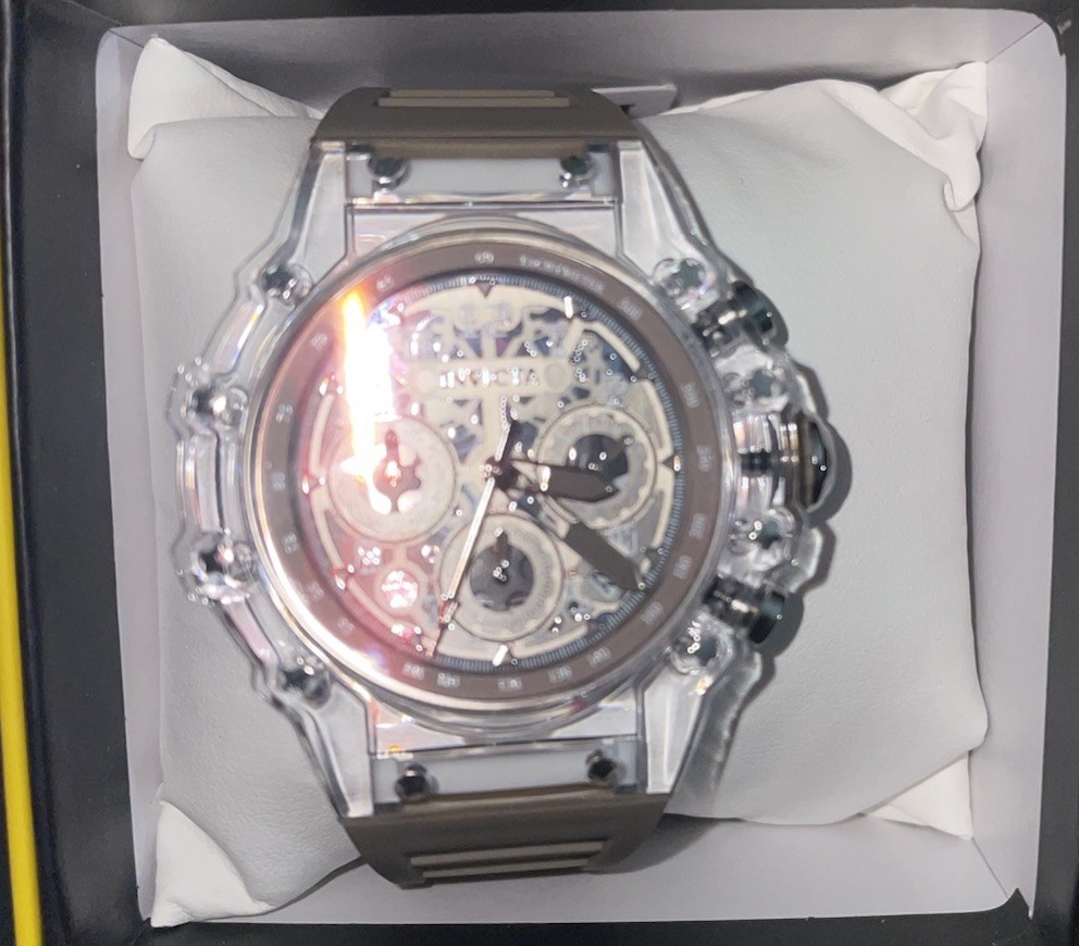 Invicta Men's Activia Fury Chronograph Skeleton Silver Dial Beige Strap Box