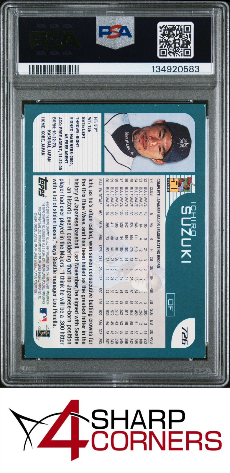 2001 TOPPS LIMITED EDITION #726 ICHIRO SUZUKI RC MARINERS PSA 8 view 2