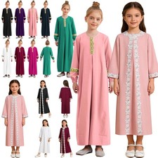 US Girls Muslim Robe Prayer Dress Embroidered Arabic Dubai Abaya Ramadan Kaftan