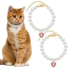 2Pcs Cat Pearl Collar with Heart Shape Pendant Rhinestone Cute Pearl Pet Neck...