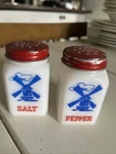 Vintage Hazel Atlas White Milk Glass Dutch Windmills Salt & Pepper Shaker Set