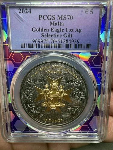 Malta 5 Euro 2024 Golden Eagle Lim. Ed.  1 oz Silver Gilt/Ruthenium Pcgs MS70