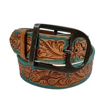 Justin Women's Tooled Leather Belt M Turquoise Trim