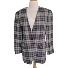 Vintage Jones New York 9/10 purple gray plaid collarless wool 1 button blazer