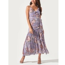ASTR Lavender Multi Floral Ruched Ruffle Spaghetti Strap Maxi Dress Size XS