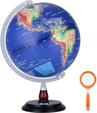 12" Raised Relief World Globe LED Light Wood Base Political Blue - NIB