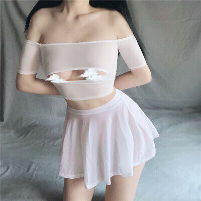Women Sexy Sheer Bare Breast Crop Top / Mini Pleated Skirt Nightwear  Clubwear | eBay