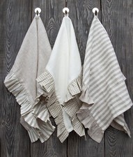 Set 3 Ruffled Linen Kitchen Towels gray stripe ivory with loop Stonewashed beige