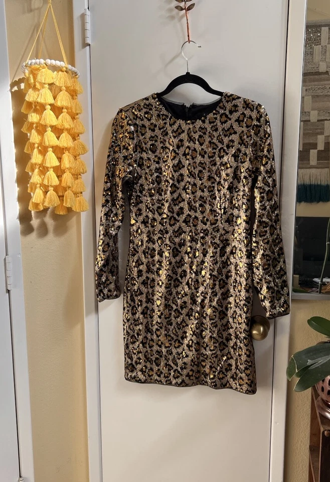 Vestido vaina para mujer Aidan Mattox leopardo lentejuelas manga larga talla 8 cóctel Foto 4 de 4