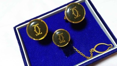 Cartier Cufflinks Tie Tac Set 2C Oval Gold Black Green 