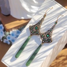 Orecchini Lunga Lampadario Dorato Antico Giada Goccia Verde Scuro SC1