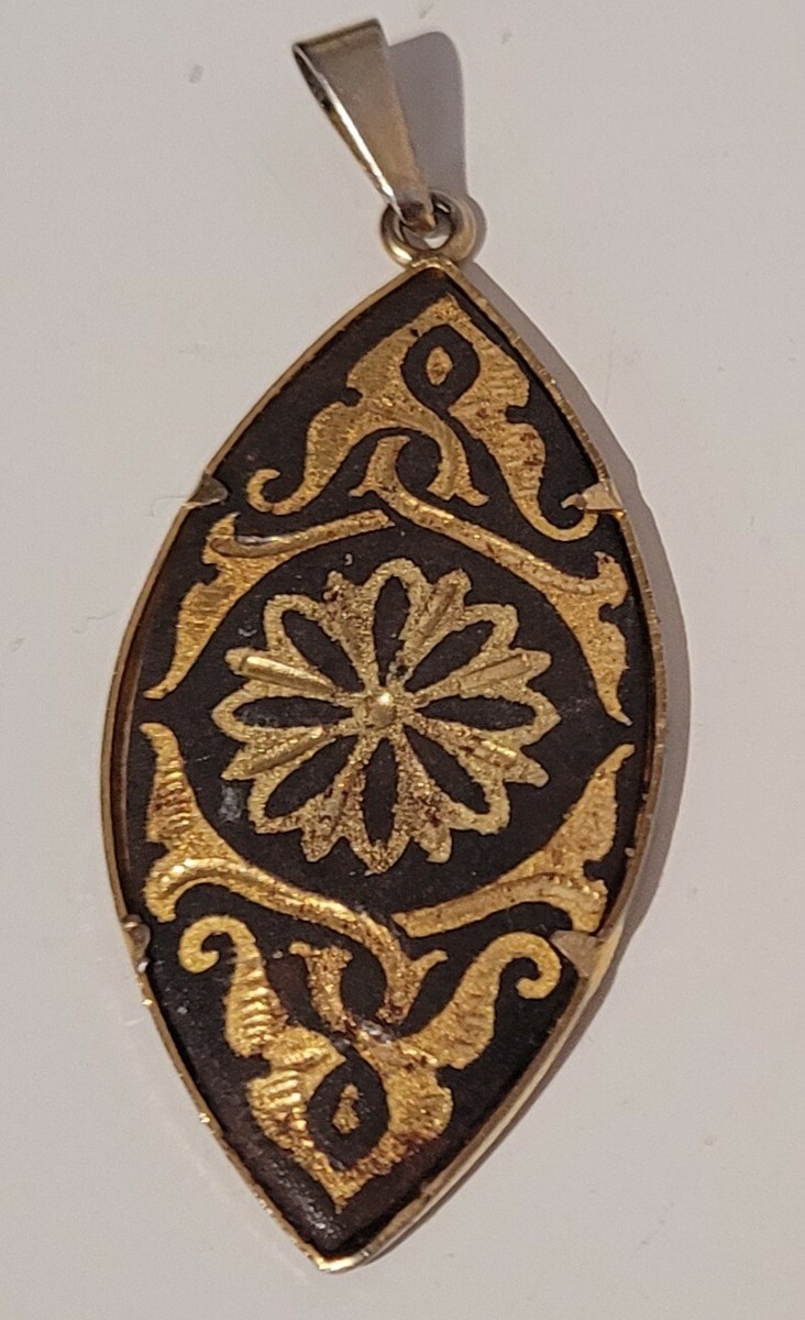 Pendentif Vintage Or De Tolède - Forme Marquise, Floral, Doré Et Noir